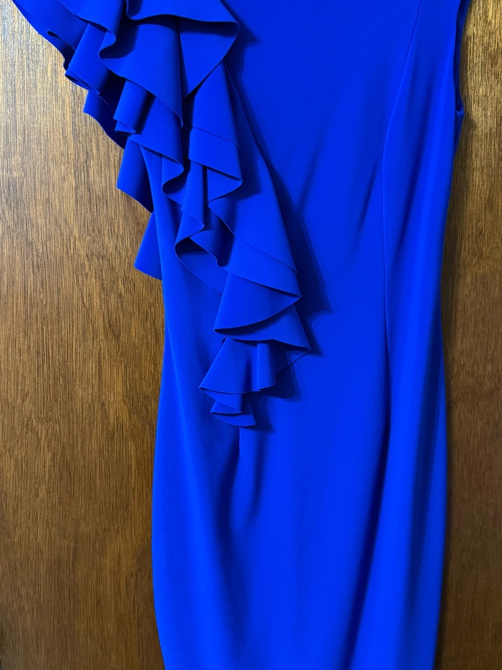 Joseph Ribkoff Bold Blue Side Ruffle Dress Fitted Size 6 Lined in black